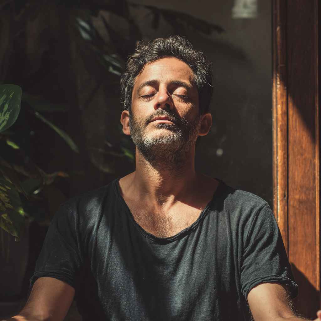 Huzurlu ve güler yüzlü Türk kadın yoga pozisyonunda, mor zemin üzerinde lotus pozisyonunda oturuyor, ellerini kalp chakrası üzerinde birleştirmiş, gözleri kapalı, sakin ifade