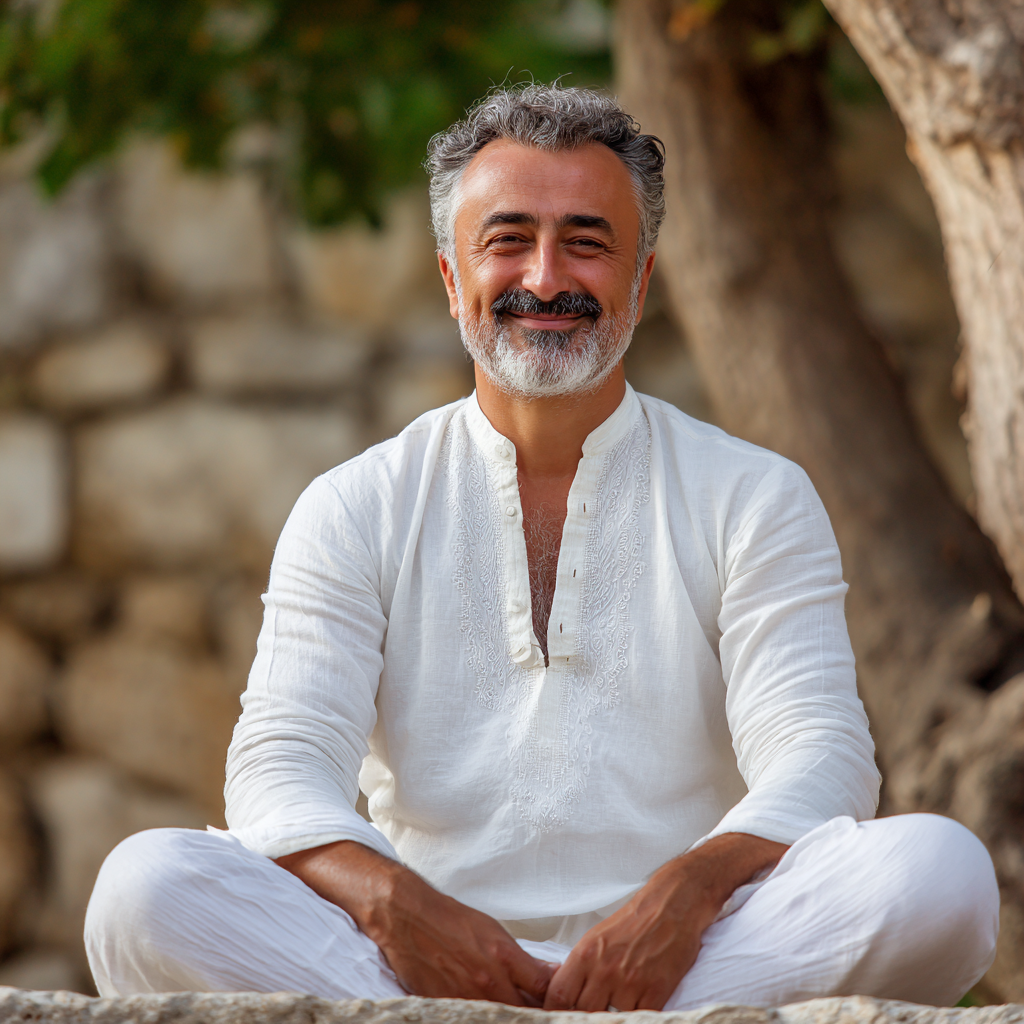 Sakin yüz ifadeli Türk kadın, gözleri kapalı derin nefes alırken, doğal ortamda oturur pozisyonda, ellerini dizleri üzerinde, huzurlu ifade